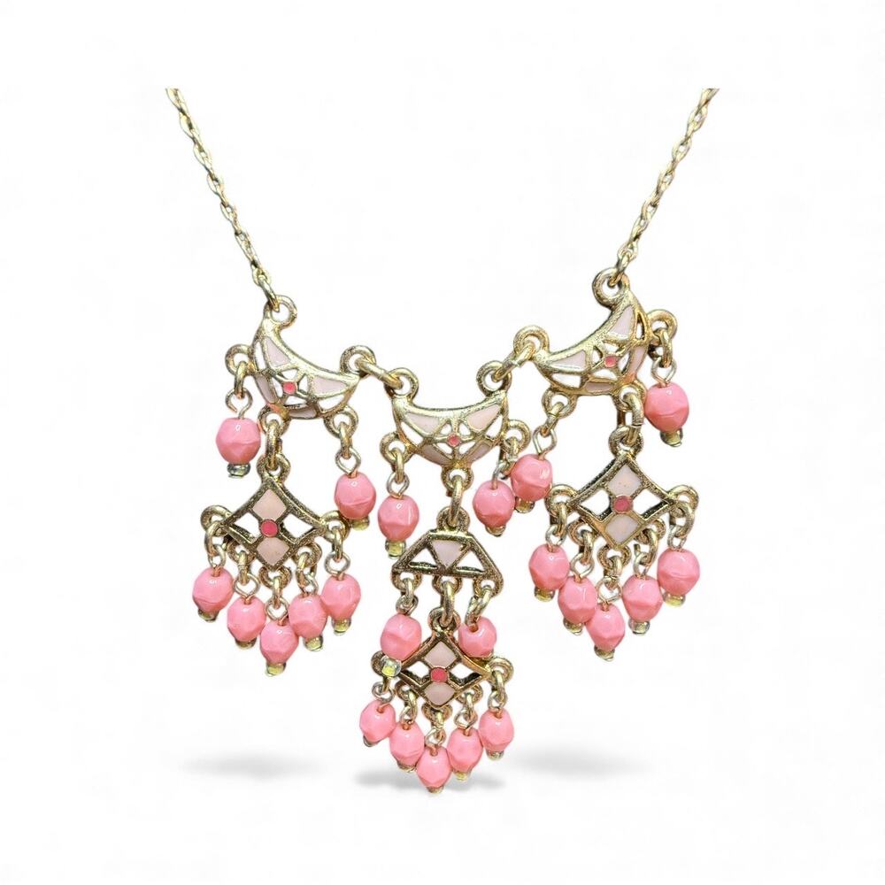 Vintage Goldtone Pink Beaded Necklace Enamel Accents